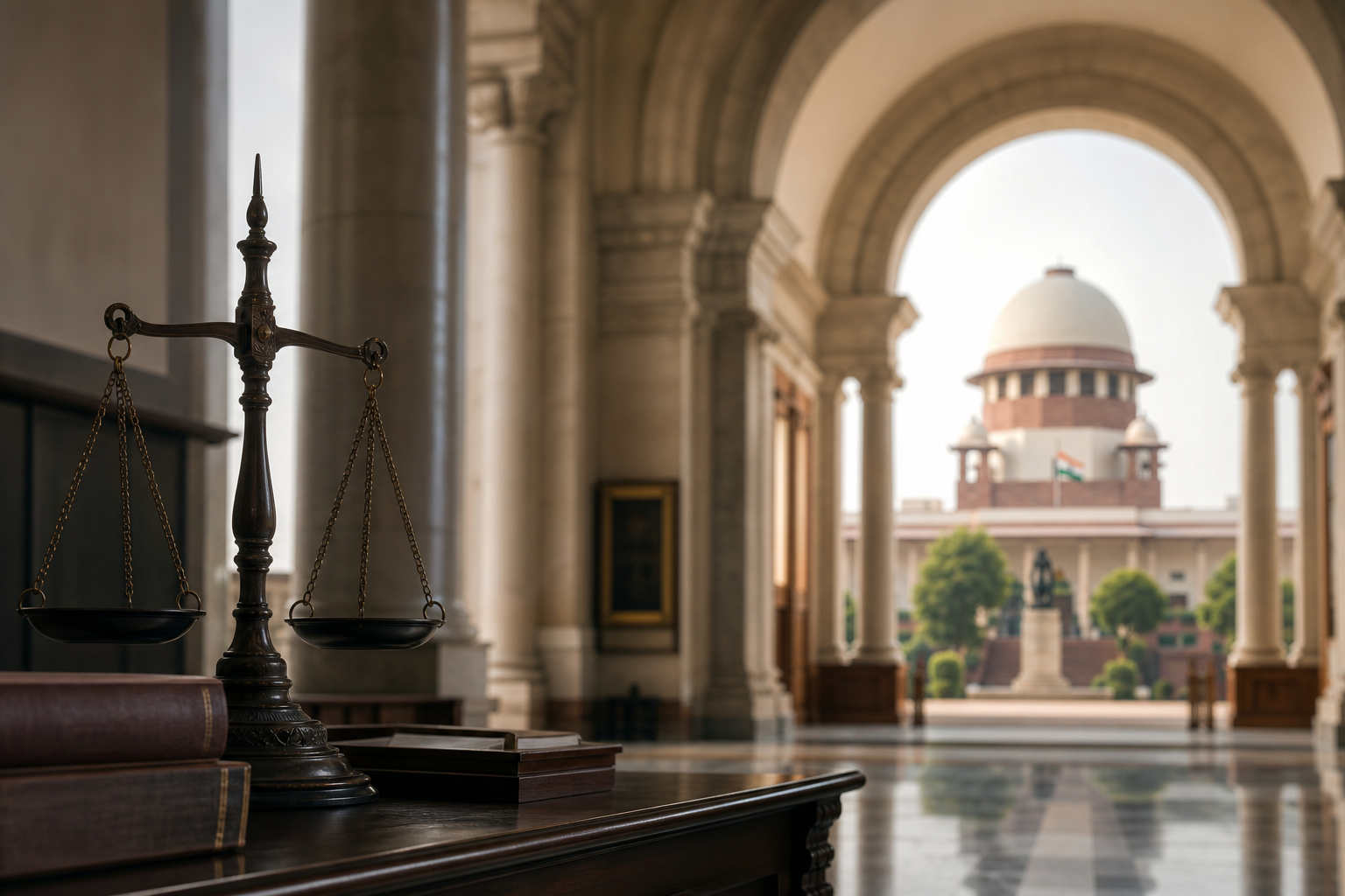 Scales of justice with the Supreme Court of India in the background